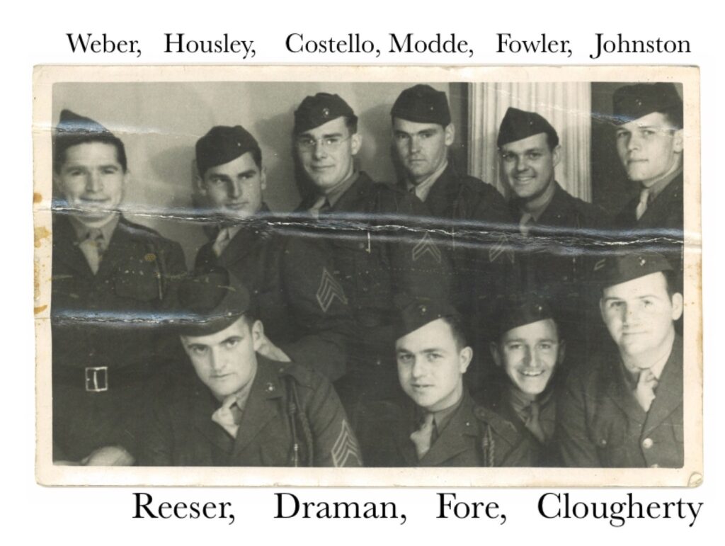 Sgt. George Reeser
Cpl. James K. Draman
Cpl. Jet R. Fore, Jr. (WIA Tarawa)
Cpl. Henry G. Cloughtery

Cpl. James C. Weber
Sgt. John L. Housley
Cpl. Pierre M. Costello
Cpl. Francis J. Modde (WIA Tarawa)
PFC Richard W. Fowler
Johnston 